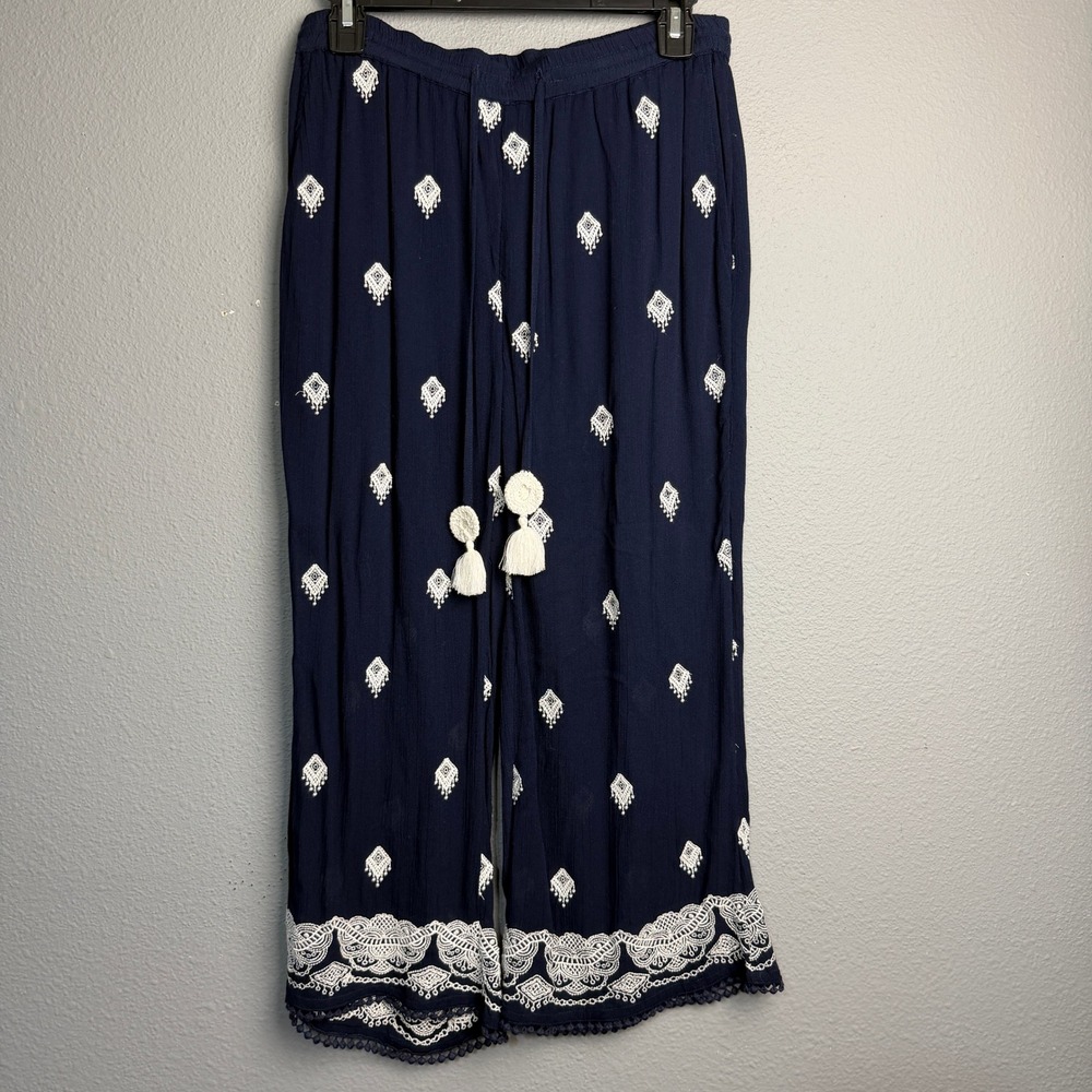 Sundance Embroidered Gauze Pants‎ Extra Small PXS Navy Blue Tassel Boho Wide Leg